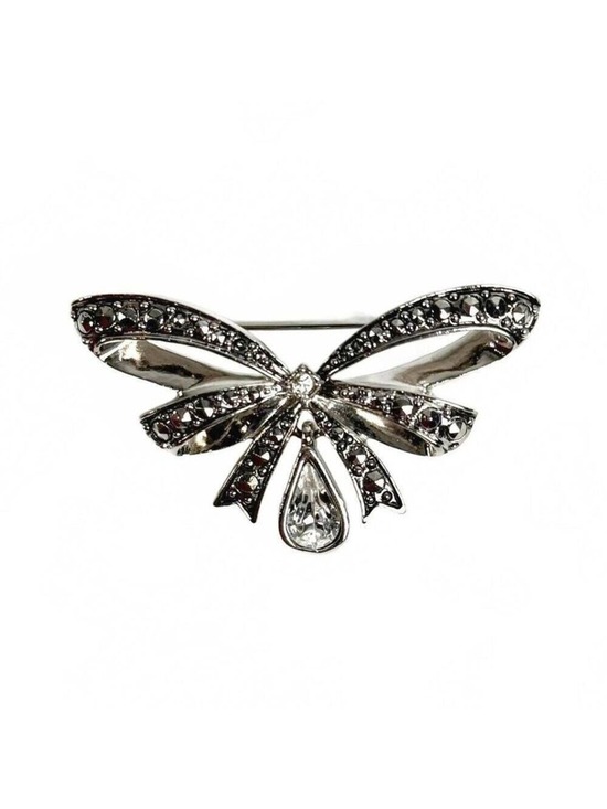 Jewelry - Vintage Avon Marcasite Bow Brooch Silver Tone Rhinestone Drop Pin